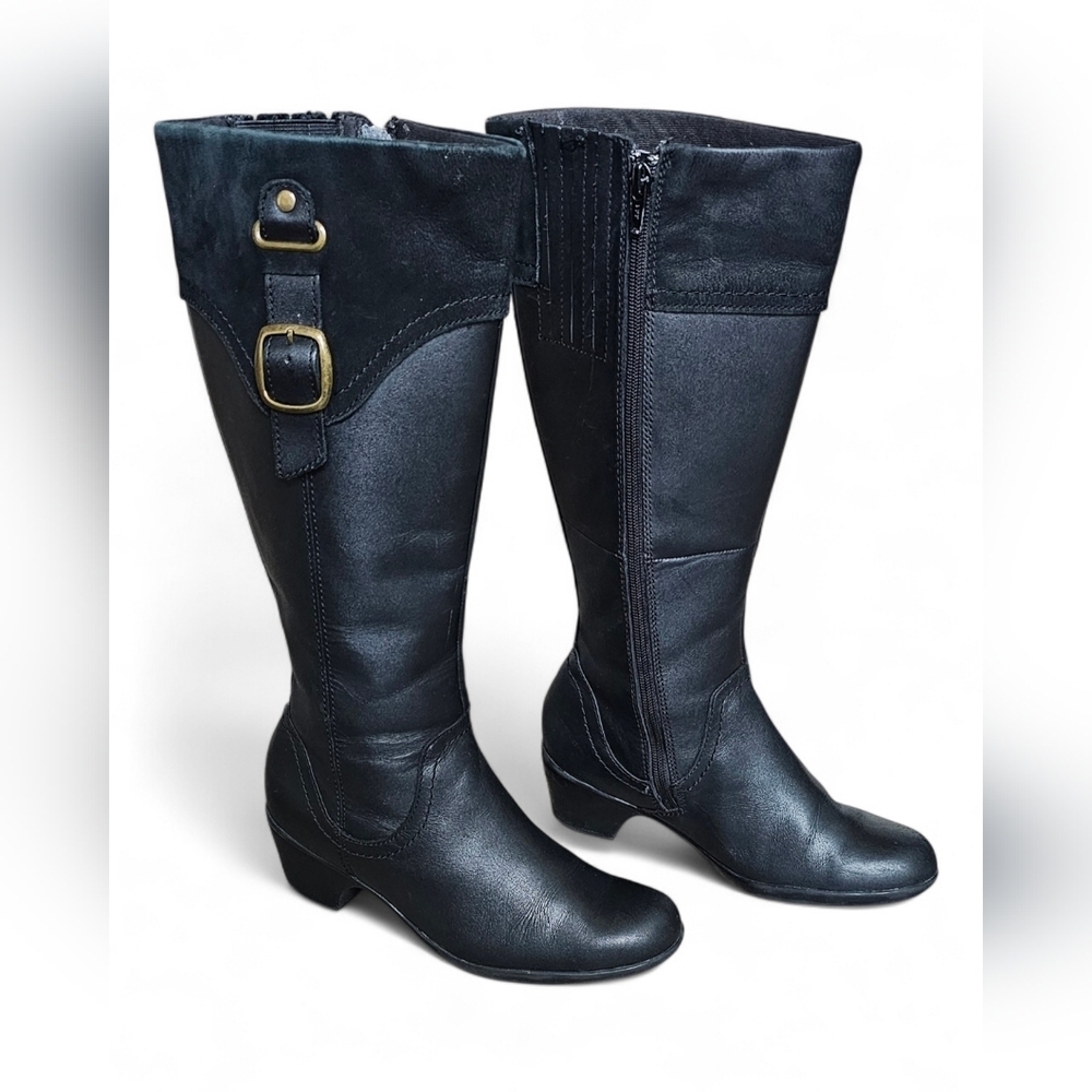 Clarks Women’s Black Leather Knee-High Boots with Buckle Size 6M